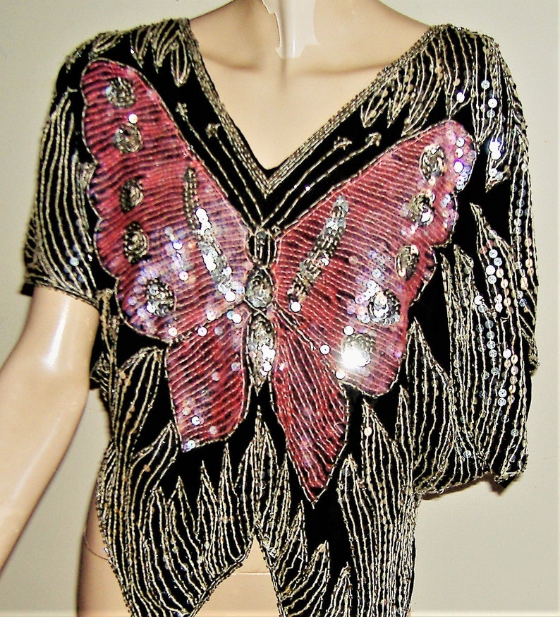 GREAT GATSBY Style BUTTERFLY silk sequinned top freesize uk size 14
