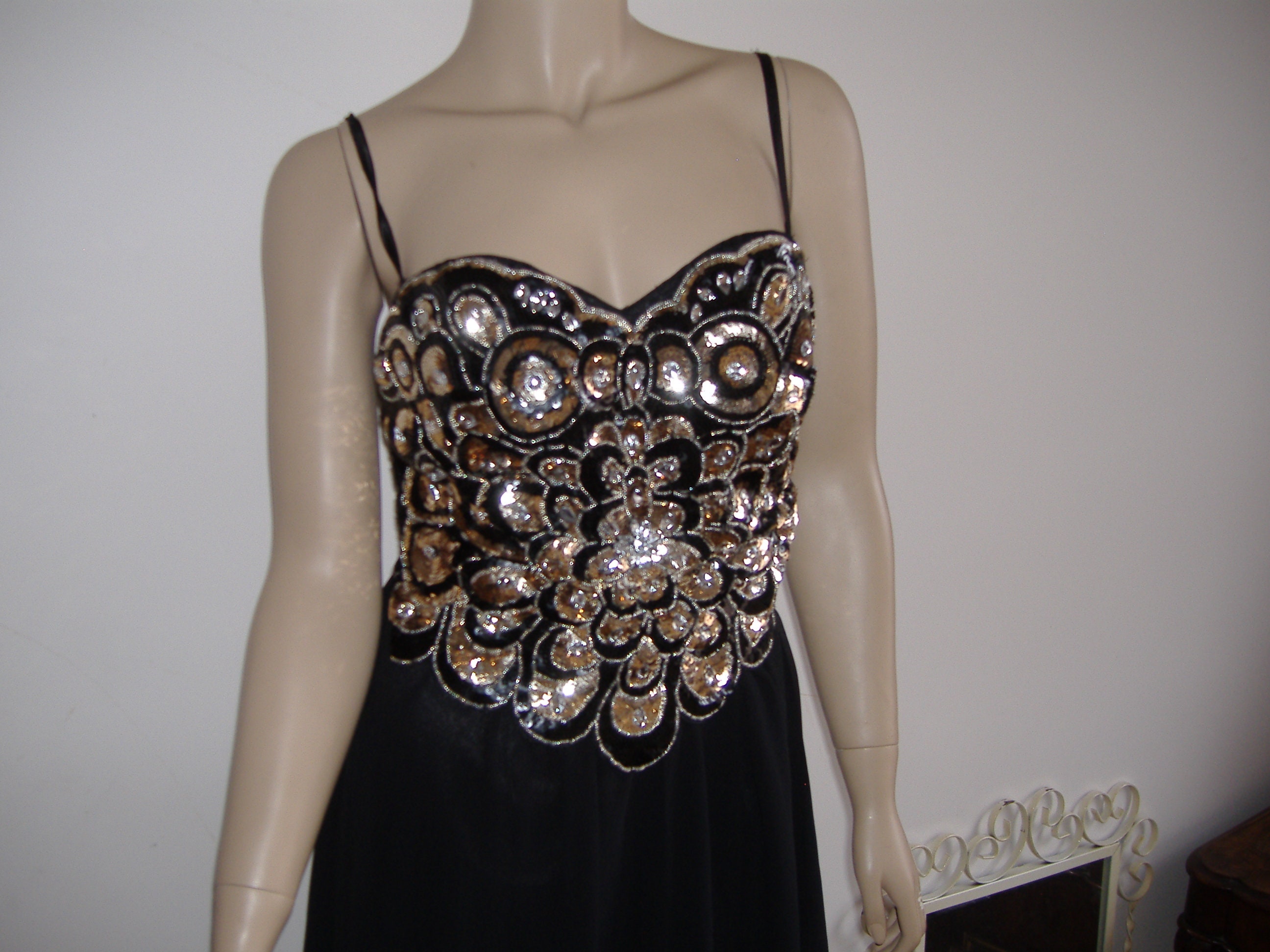 slim fit dress slacks MODERN 1930s Inspired Metallic Gold & Black Knit Dress
