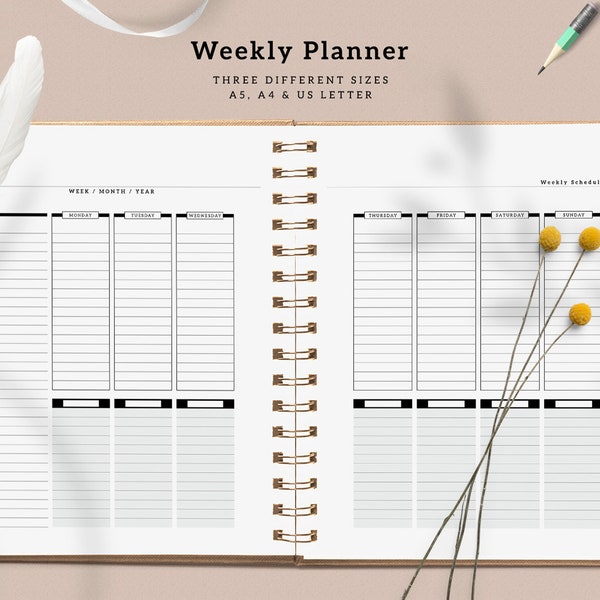 Weekly Planner Two Page Spread Ready For Printable InDesign Weekly Planner A4, A5 Also US Letter Size Planner, Weekly Schedule Template