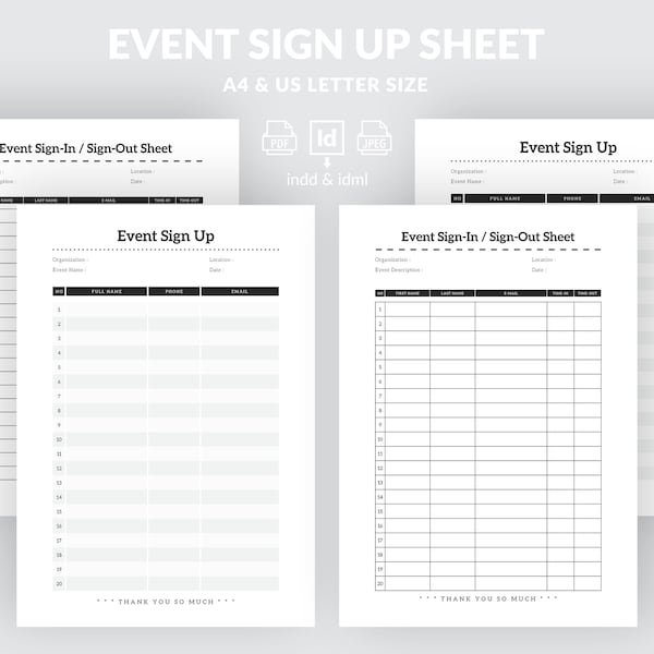 Event Sign Up Template | Sign-Up Sheet Layout | Printable Sign Up | Event Sign Up Sheet | Sign-In Sign-Out Sheet | Event Management Form