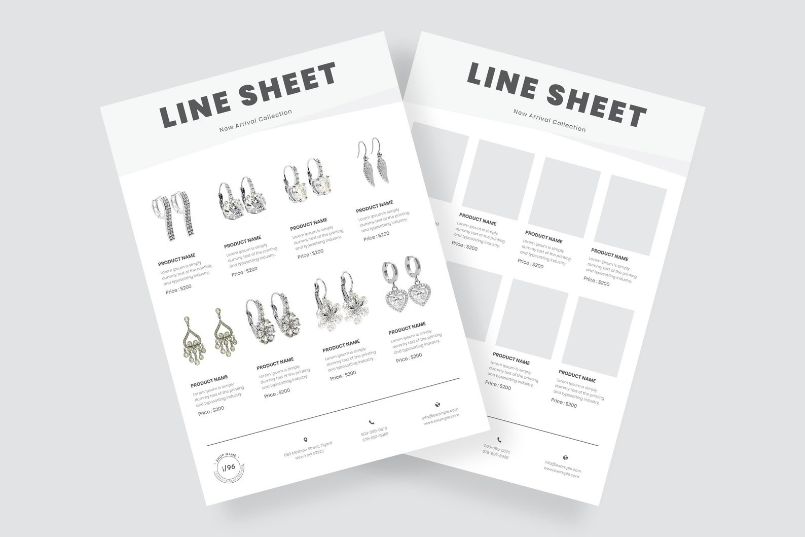 Jewelry Catalog Template, Jewelry Line Sheet Template, Portrait Line