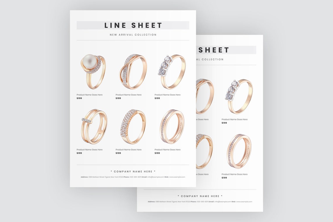 Jewelry Catalog Template, Jewelry Line Sheet Template, Portrait Line