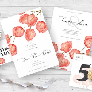 Acuarela Bougainvillea boda invitación conjunto, colección de plantillas de invitación de boda, guardar la fecha, RSVP, tabla no, tarjeta de agradecimiento