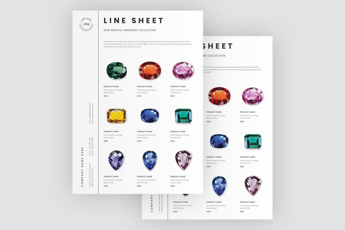 Jewelry Catalog Template, Jewelry Line Sheet Template, Portrait Line