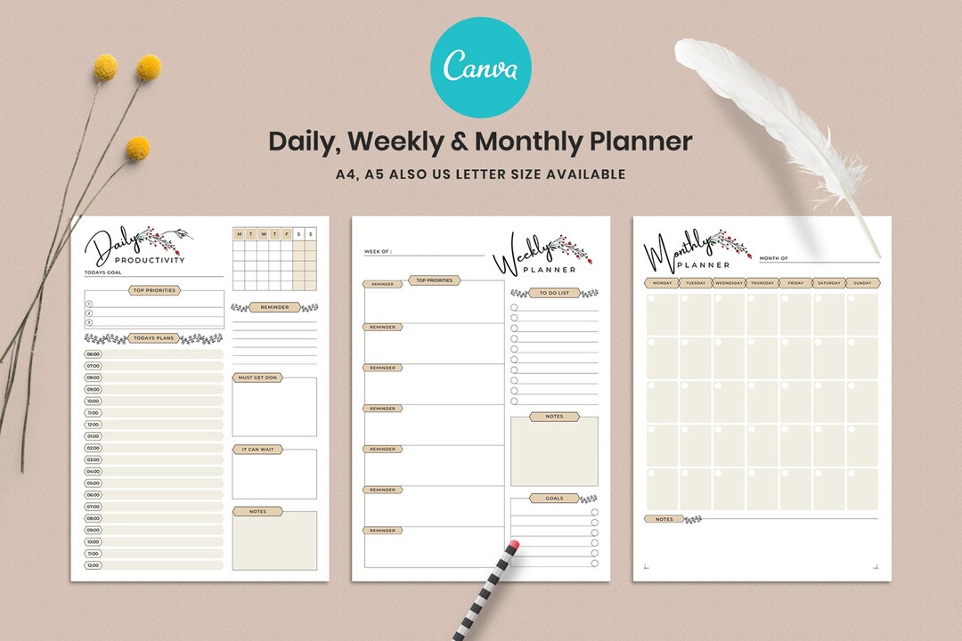 Daily Weekly Monthly Canva Planner Template Editable Canva Planner 