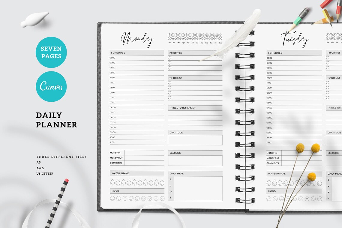 Canva Daily Planner Template Instant Download Editable Planner Sheet Seven Days Digital Planner