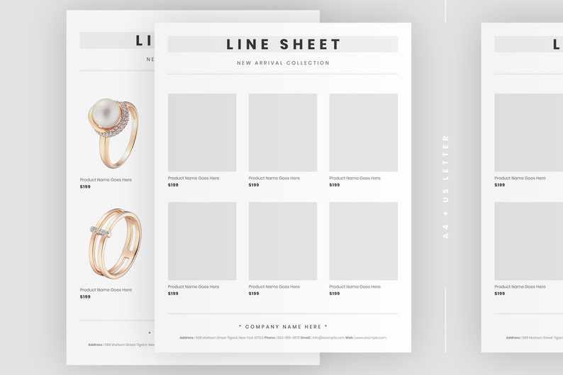 Jewelry Catalog Template, Jewelry Line Sheet Template, Portrait Line