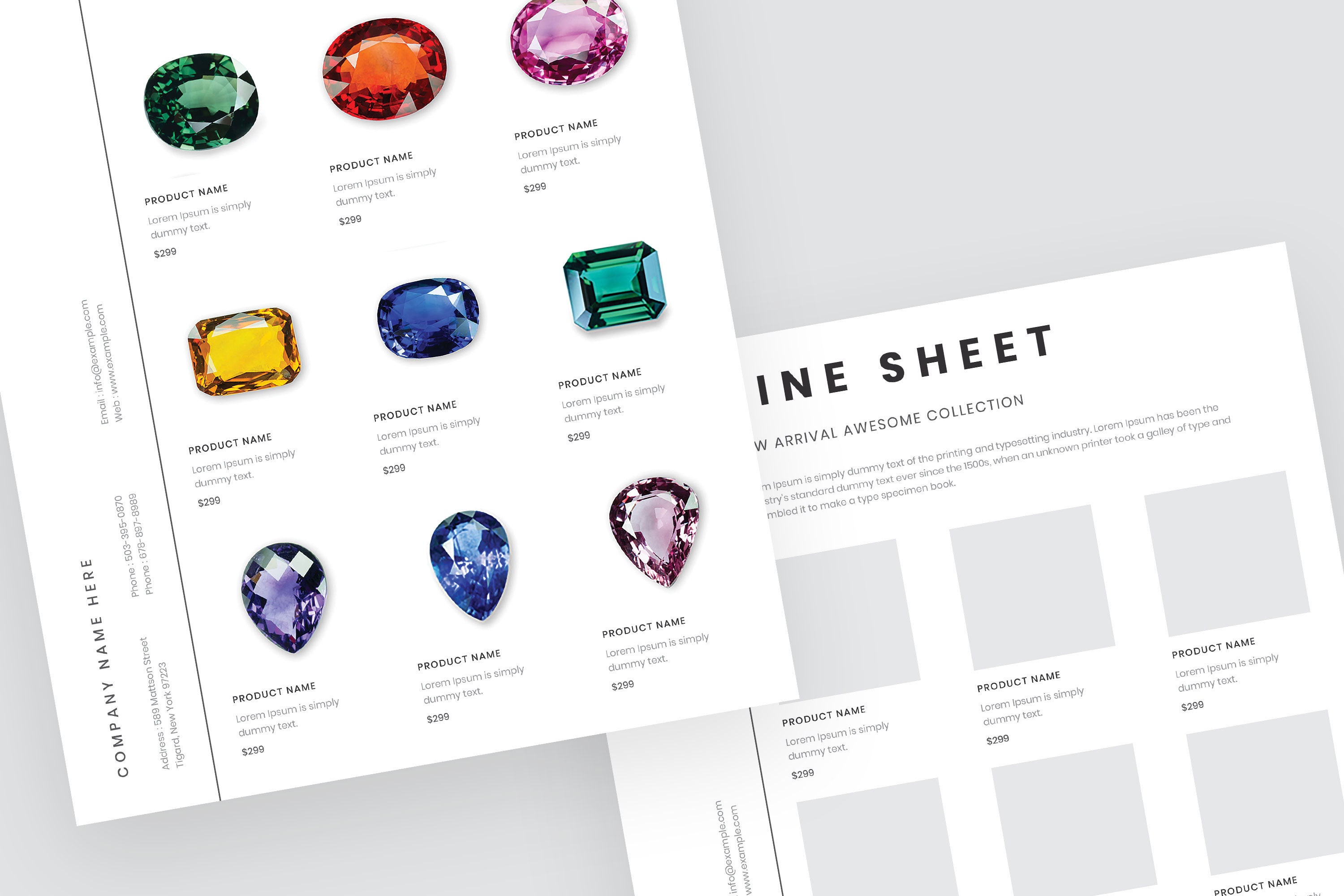 Jewelry Catalog Template, Jewelry Line Sheet Template, Portrait Line