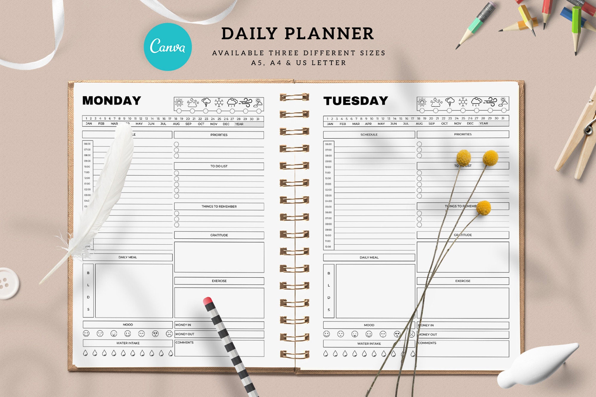CANVA Daily Planner Sheet Instant Download Editable Canva Etsy UK