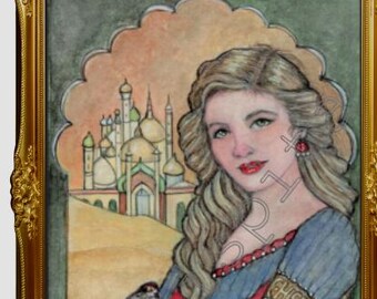 Arabian Nights Princess Handmade watercolor Print Whimsical girl in fantasy desert city Art