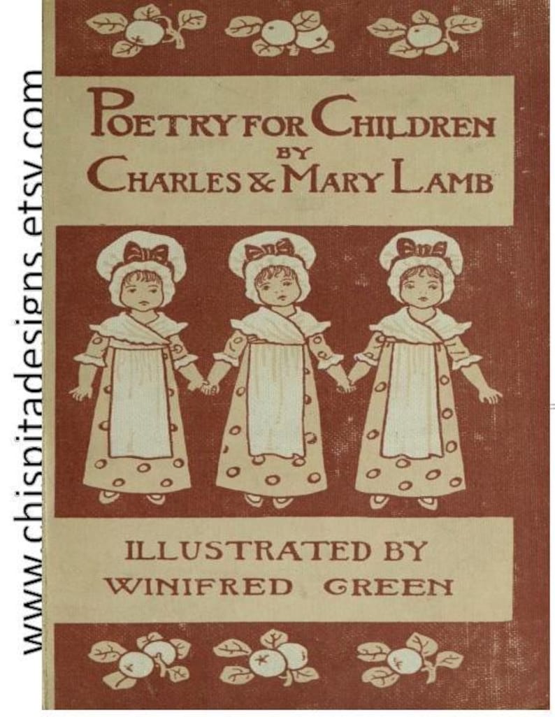 Op de afbeelding: Een vintage boekcover met de titel "Poetry for Children" van Charles & Mary Lamb, ge&iuml;llustreerd door Winifred Green. De cover toont drie kinderen in mutsen en schorten, hand in hand, in een sepia-getinte illustratie.