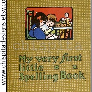 Puede incluir: Una ilustración de dos niños sentados en una mesa con libros. La portada del libro dice "My very first little Spelling Book".