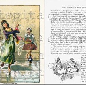 Puede incluir: Ilustraci&oacute;n vintage de una mujer bailando con un cuchillo, rodeada de figuras con vestimenta tradicional. De "Al&iacute; Bab&aacute; y los cuarenta ladrones". El nombre de la tienda Etsy es visible.