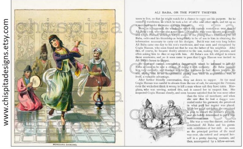 Puede incluir: Ilustraci&oacute;n vintage de una mujer bailando con un cuchillo, rodeada de figuras con vestimenta tradicional. De "Al&iacute; Bab&aacute; y los cuarenta ladrones". El nombre de la tienda Etsy es visible.