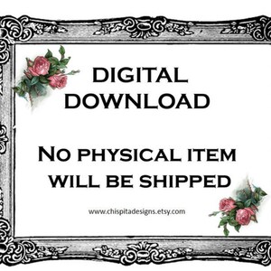 Op de afbeelding: Aankondiging van digitale download in een decoratieve zwart-witte lijst, versierd met roze rozen. De tekst luidt "Digitale Download" en "Er wordt geen fysiek item verzonden". De Etsy shop URL is onderaan zichtbaar.