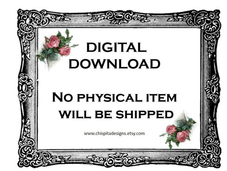 Op de afbeelding: Aankondiging van digitale download in een decoratieve zwart-witte lijst, versierd met roze rozen. De tekst luidt "Digitale Download" en "Er wordt geen fysiek item verzonden". De Etsy shop URL is onderaan zichtbaar.