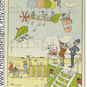 May include: A vintage children's book illustration featuring a group of people flying in hot air balloons and a biplane. The illustration is in a cartoon style with bright colors and whimsical details. The text "In the Air" is printed at the bottom of the page.