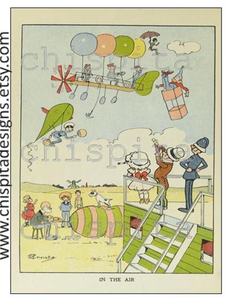 May include: A vintage children's book illustration featuring a group of people flying in hot air balloons and a biplane. The illustration is in a cartoon style with bright colors and whimsical details. The text "In the Air" is printed at the bottom of the page.