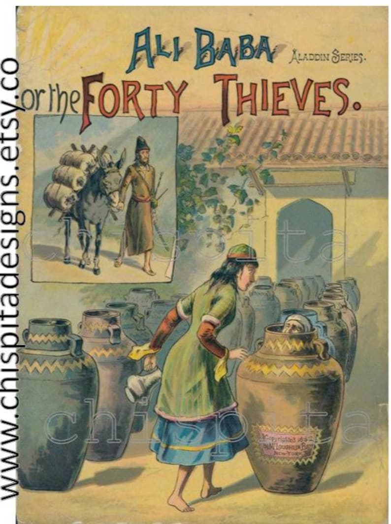Puede incluir: Ilustraci&oacute;n vintage titulada "Al&iacute; Bab&aacute; y los cuarenta ladrones" de la serie Aladdin. La imagen representa una escena con una mujer, grandes jarras y figuras, con texto superpuesto. La obra de arte tiene un estilo cl&aacute;sico de cuento.