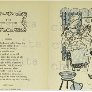 Op de afbeelding: Vintage illustratie uit "De Eerste Tand" met een familiesc&egrave;ne met een moeder, kinderen en een baby. De afbeelding is in sepia tinten met tekst op de linkerpagina en een gedetailleerde tekening op de rechterpagina.