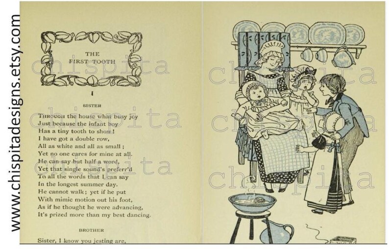 Op de afbeelding: Vintage illustratie uit "De Eerste Tand" met een familiesc&egrave;ne met een moeder, kinderen en een baby. De afbeelding is in sepia tinten met tekst op de linkerpagina en een gedetailleerde tekening op de rechterpagina.