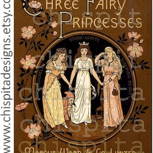 1890s Fairy Princesses illustrated ebook: Antique Snow White,Cinderella & Sleeping Beauty pictured pdf book.VTG decorated digital fairytale