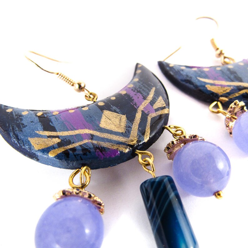 Purple Moon Earrings Colorful Statement Earrings Abstract Etsy