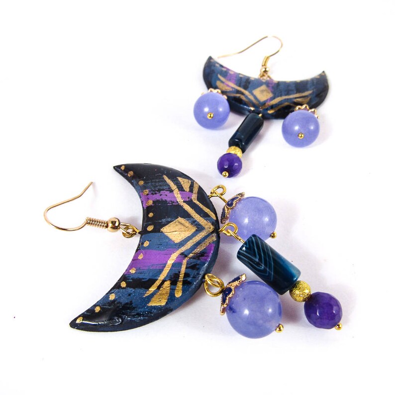 Purple Moon Earrings Colorful Statement Earrings Abstract Etsy