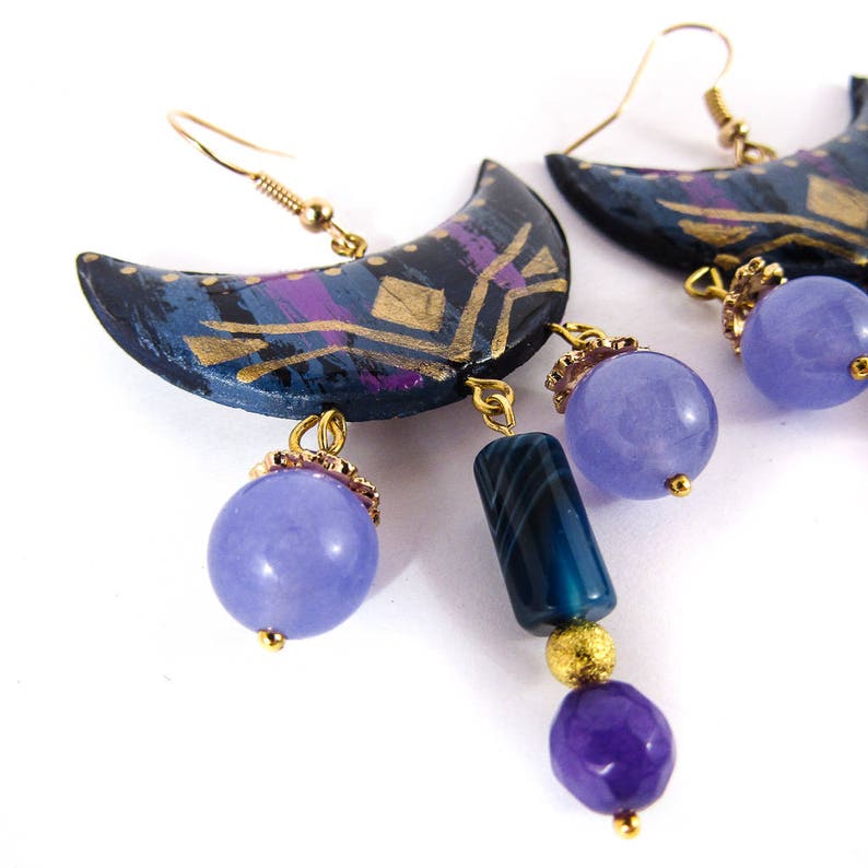 Purple Moon Earrings Colorful Statement Earrings Abstract Etsy