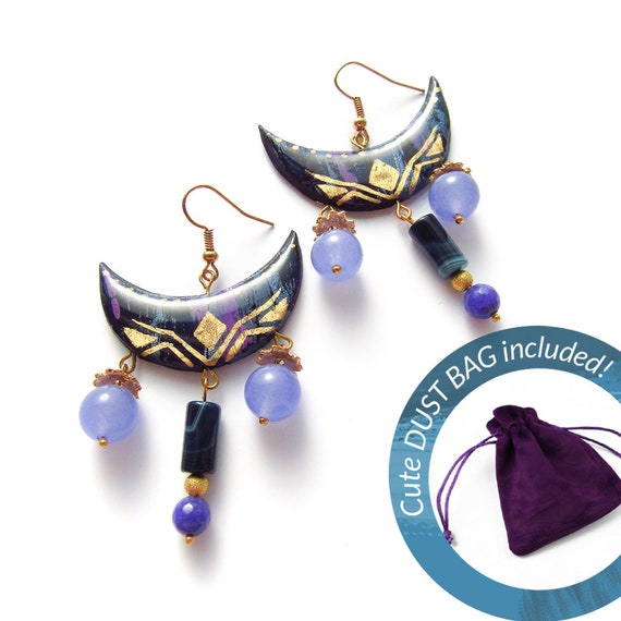Purple Moon Earrings Colorful Statement Earrings Abstract Etsy