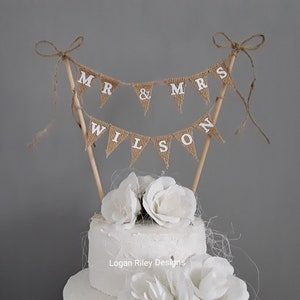 Wedding cake topper Mr and Mrs Personalised Hessian Bunting Flags Rustic Beach Vintage Boho Cake Banner Garland