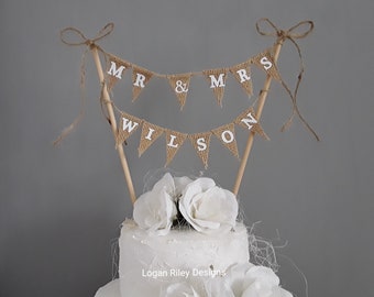 Personalised wedding cake topper Handmade hessian bunting