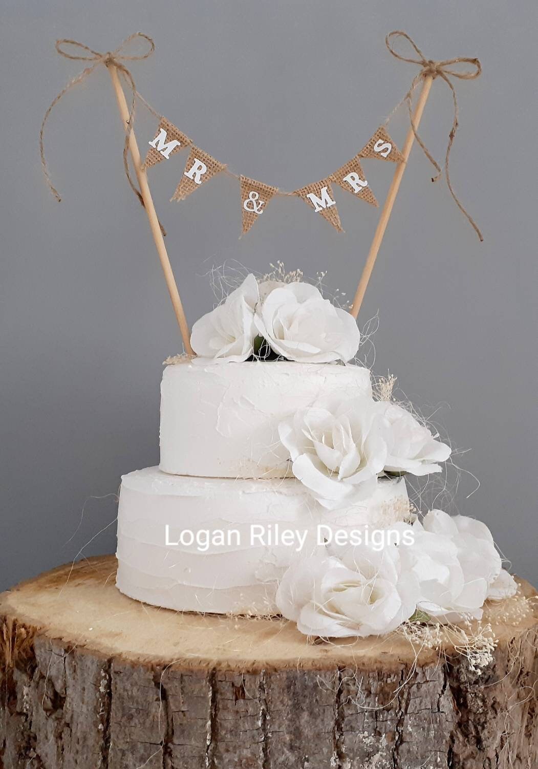 PERSONALISED Cake Topper Bunting TWINE OR RIBBON BOWS Hessian MR & MRS Surname 