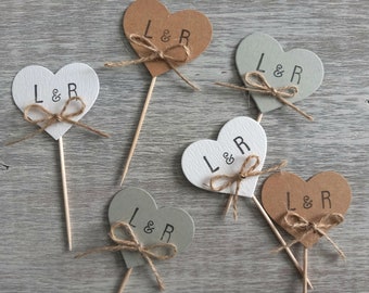 Personalised Wedding Cupcake Toppers Initials Rustic Cake Toppers Handmade Sage Green Ivory Brown Hearts Cupcake Toppers