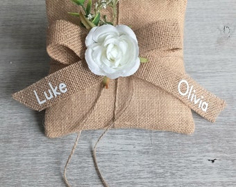 Personalised Ring Bearer Pillow Burlap Handmade Hessian Ring Cushion Boho Rustic 7" x 7"