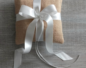 Wedding Ring Bearer Pillow Burlap Hessian Ivory Ribbons Handmade 7" x 7 " Wedding Rings Cushion Holder