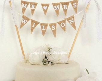 Custom wedding cake topper Handmade Personalised  Mr and Mrs cake topper bunting rustic Romantic Hearts Surname