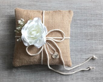 Personalised Wedding Ring Bearer Pillow Rustic Handmade 7" x 7"  Ring Cushion Burlap Hessian White Rose