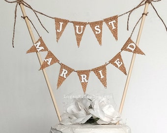 Just Married Hessian Personalised Cake Topper Bunting Heart Wedding Mr and Mrs