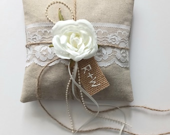 Wedding Ring Bearer Pillow 7 x 7  Personalised Hessian Burlap Tag Handmade Linen And Lace Wedding Ring Cushion Ring Holder