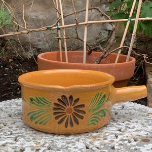 Può includere: Una fioriera in ceramica arancione con manico e motivo floreale. La fioriera ha un fiore marrone scuro al centro con foglie verdi. Sullo sfondo c'è una seconda fioriera in terracotta, con un traliccio e viti.