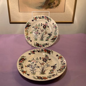 Könnte beinhalten: Zwei antike Keramikteller mit weißem Hintergrund und floralen Designs in Blautönen, Grün, Rosa und Orange. Die Teller haben einen goldenen Rand.