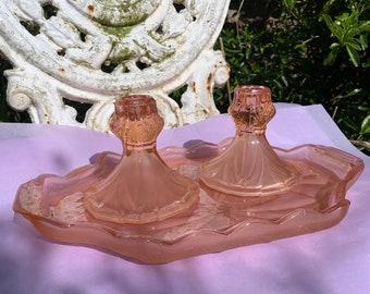 Stunning Art Deco Pink  Glass Part Dressing Table Set