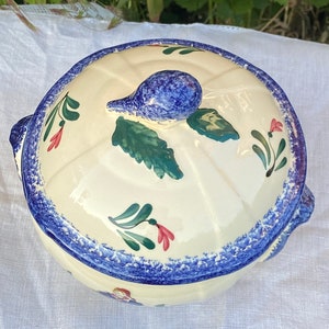 Può includere: Una casseruola in ceramica bianca con un motivo floreale blu e verde. Il coperchio ha un pomo a forma di foglia.