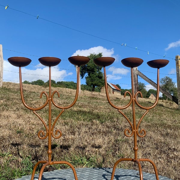 Pair of French Vintage Folk Art Triple Candleholders