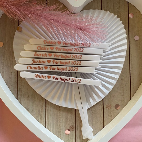 Personalised hand held fan (heart shape), wedding favours, wedding party, celebration, keep cool, Bride, Bridesmaid, Bridesmaids gifts.