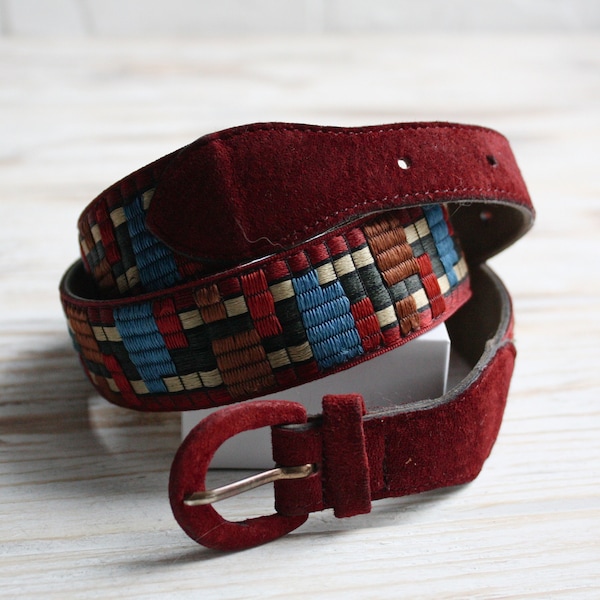 Vintage suede woven belt / Retro designer burgundy belt / Vtg Guy Laroche weave belt / Vintage suede accessories women