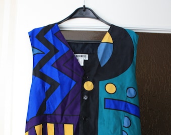 Chaleco vintage de seda brillante con botones / Chaleco con estampado retro de bloques de color
