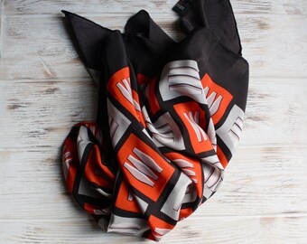 Vintage silk square scarf / Vtg geometric foulard / Retro silk accessories women / Black red gray head scarf vintage