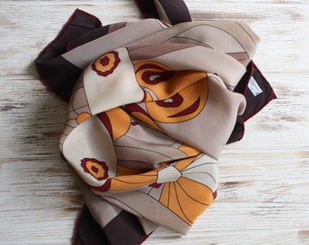 Vintage Gres Paris silk butterfly scarf / Designer head scarf retro / Vintage square foulard / Vtg yellow brown scarf